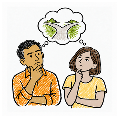A couple, both thinking about a fork in the road