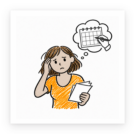 A mother, hand to her head, picturing a calendar
